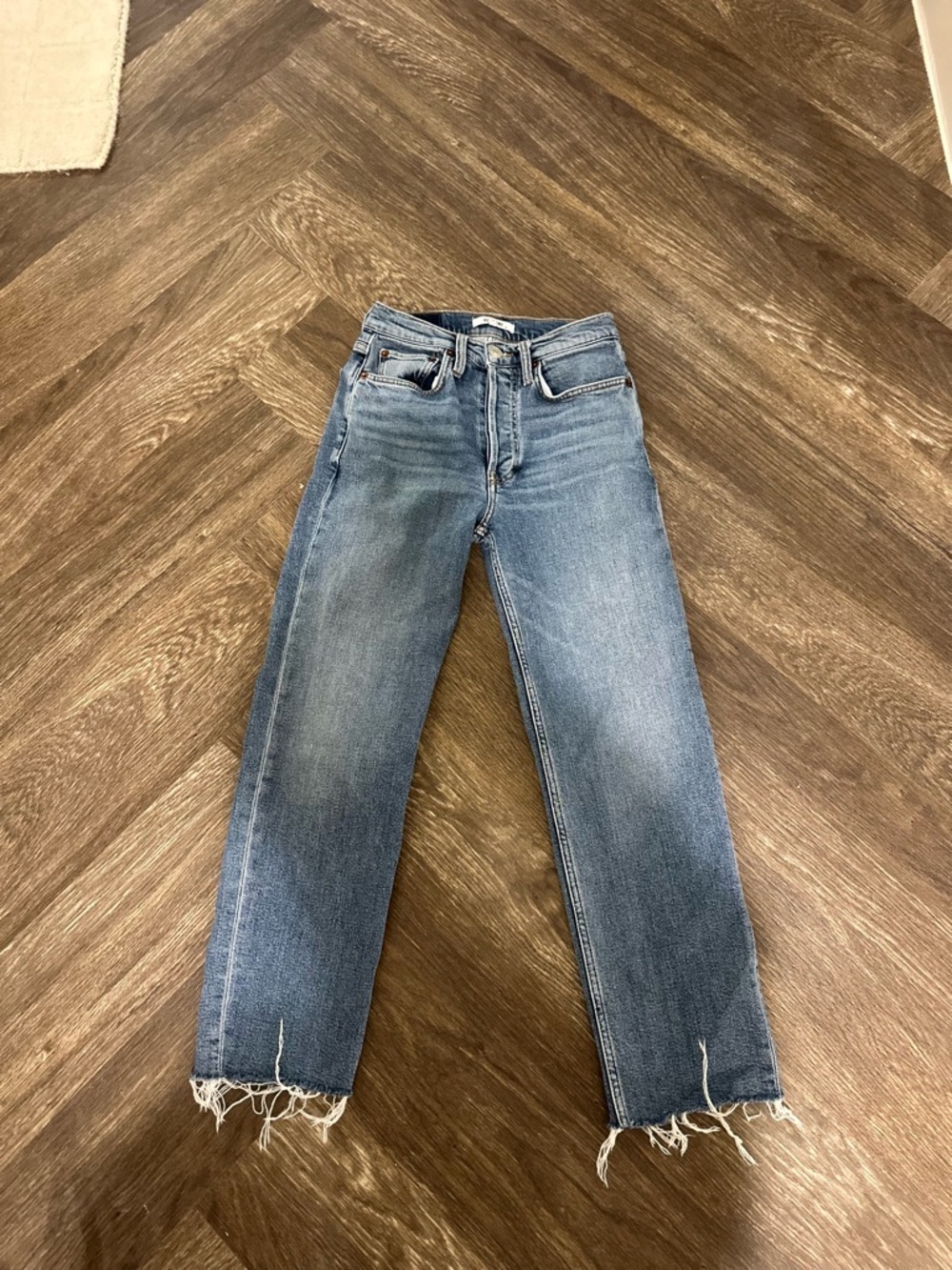 Re/Done Light-Mid Wash Straight Leg Jeans with Raw Hem